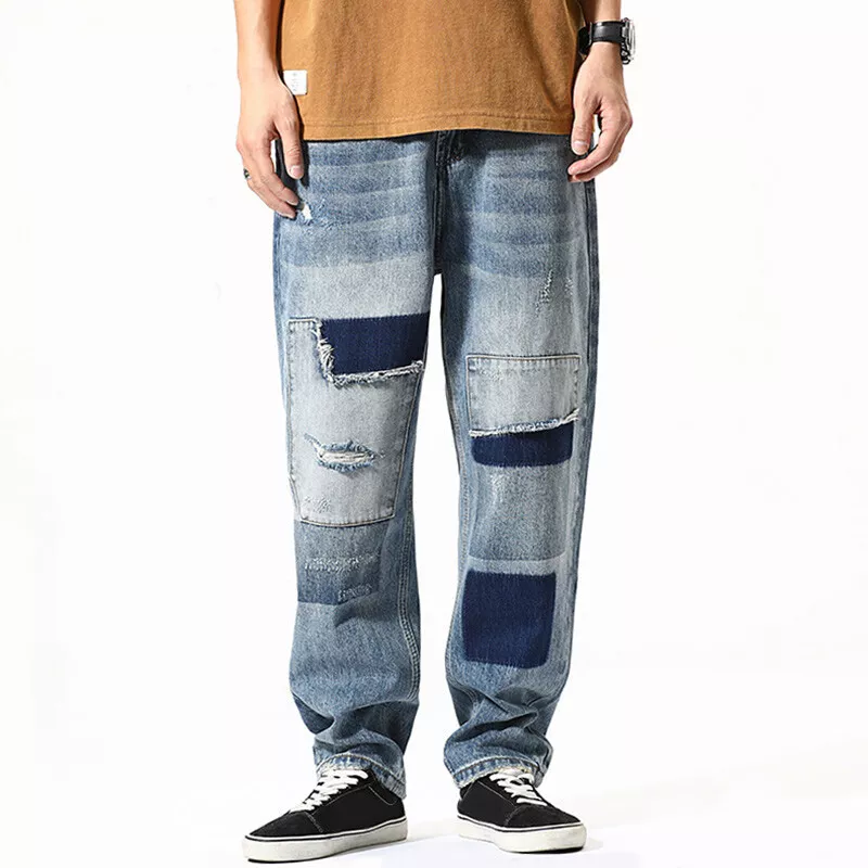 Men Loose Patchwork Denim Pants Distressed Straight Leg Jeans Trousers