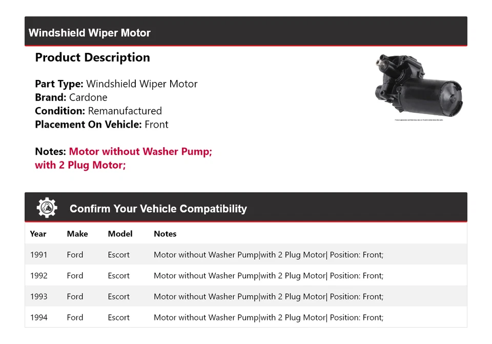 Para Ford Escort 1991-1994 Limpiaparabrisas Motor Delantero Cardone 1992 1993 Foto 2 de 4