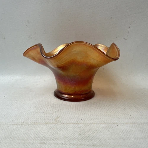 Vintage Marigold Carnival Glass Ruffled Hat Wheat And Leaf Unmarked