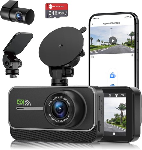 4K+1080P Dual Dash Cam with WiFi, Night Vision, 170° Angle, Free 64GB SD Card