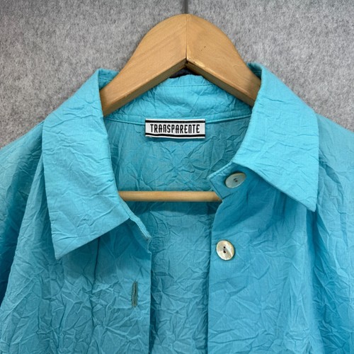 Transparente Womens One Size Crinkle Turquoise Aqua Blue Button-Up Shirt Collar - Picture 2 of 15