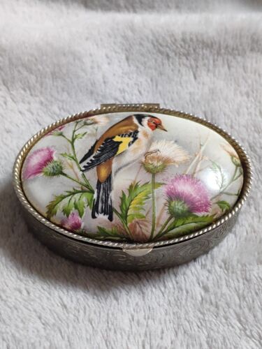 Boîte ovale vintage pilule/anneau porcelaine/métal boîte à boissons motif oiseau fabriquée en Italie - Photo 1/10