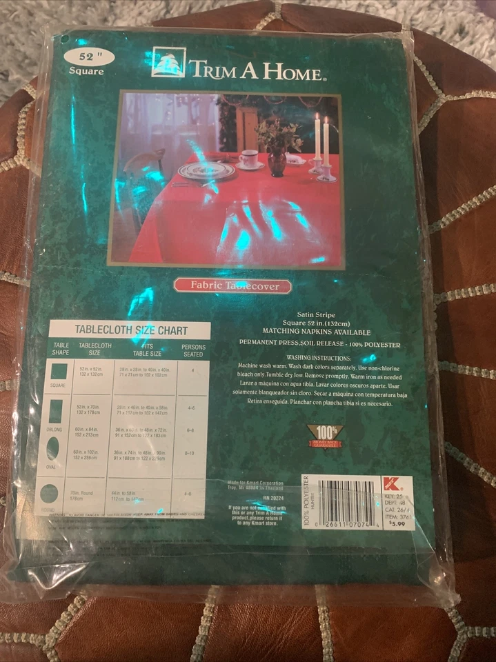 Trim A Home Satin Stripe Polyester Fabric Tablecloth 52x52” Square Green - Image 4 of 4