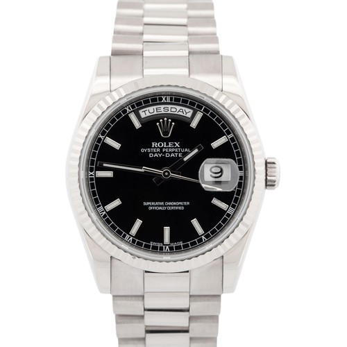 Rolex Day-Date President 36mm BLACK REHAUT 18K White Gold Watch 118239 BOX