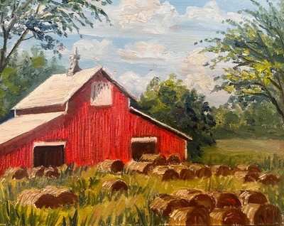 BRIGHT RED BARN Original Oil Landscape Painting 10x8 IN. BARN FARM Wall  Art