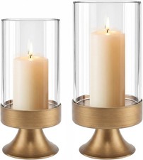 Gold Hurricane Candle Holder W/ Glass Cylinder Metal Pedestal Candlestick
