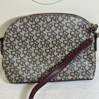 DKNY Bryant Dome Crossbody Bag Logo Pattern Brown Gold Hardware Small