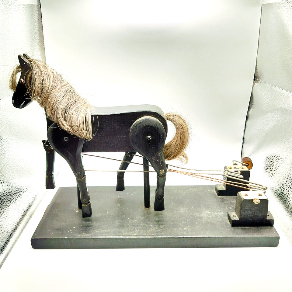 Vtg Folk Art Black Wooden Automaton Trotting Horse Toy Handmade Marked Wilson