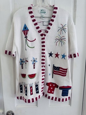 The Quacker Factory Patriotic Fireworks Flag Americana Cardigan Sweater L