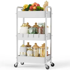 3 Tier Rolling Utility Cart, Metal Trolley Cart with Wheels, Hooks, Easy Asse...