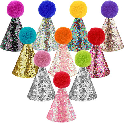 Mini Glitter Birthday Party Hats - 10 Pcs Multicolor Cone Hats for Kids & Pets
