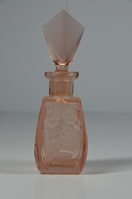Vintage Pink Glass Flower Etched Perfume Bottle Art Deco Bohemian Vanity Floral