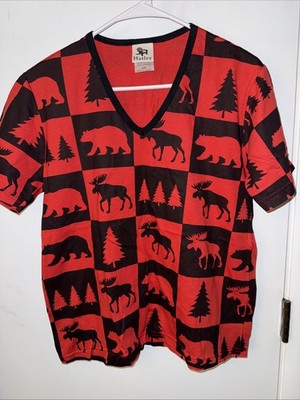 Hatley Small Cotton Vibrant Red Black Elk Moose T-shirt Thick Crisp V Neck Check