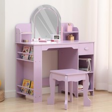 Vanity with Lighted Mirror Stool Girls Vanity Wooden Makeup Playset w/ LED Light