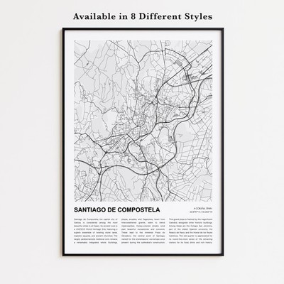 Santiago de Compostela Map Print, A Coruña Travel Poster, Wall Decor Art