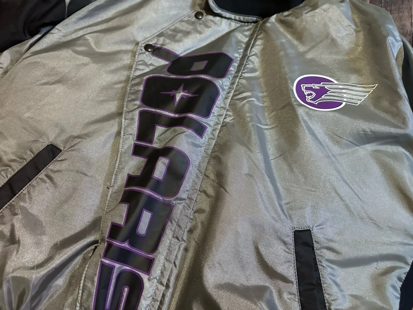 Vintage 90s Polaris Stearns Flotation Bomber Jacket Silver Purple Flames Size L - product detail image 2