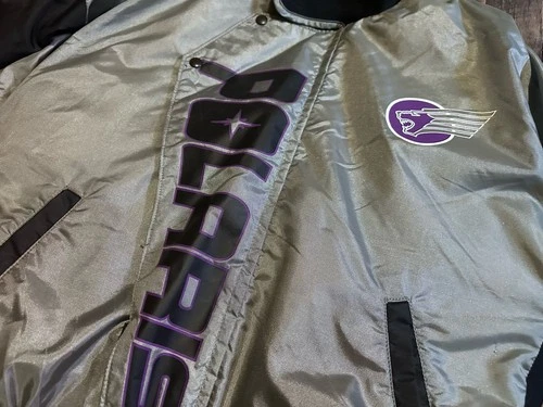Vintage 90s Polaris Stearns Flotation Bomber Jacket Silver Purple Flames Size L image 2