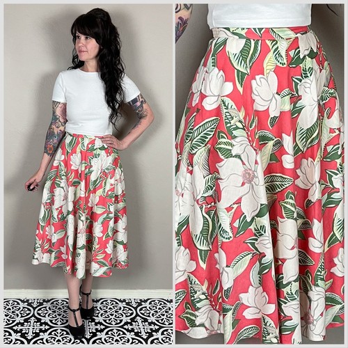 Vintage 1980s Coral Hawaiian Magnolia Print High Waist Midi Skirt - 26" Waist