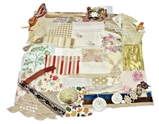 Fabric Scraps Slow Stitch Junk Journal Quilt Embroidery Lace Beads Charms Kit #8