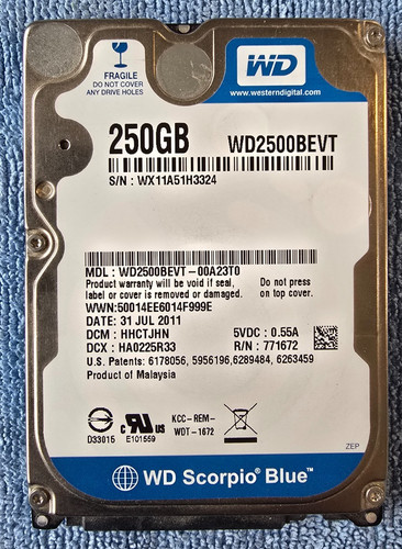WD WD2500BEVT 250GB 2,5" SATA HDD Scorpio Blue – getestet & funktionsfähig
