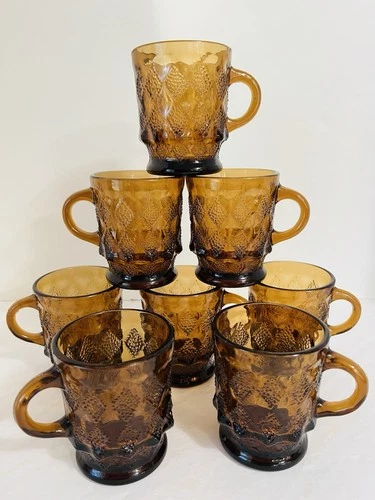 VTG Set Of 8 ~Anchor Hocking Fire-King Amber “Kimberly Diamond Point” Mugs
