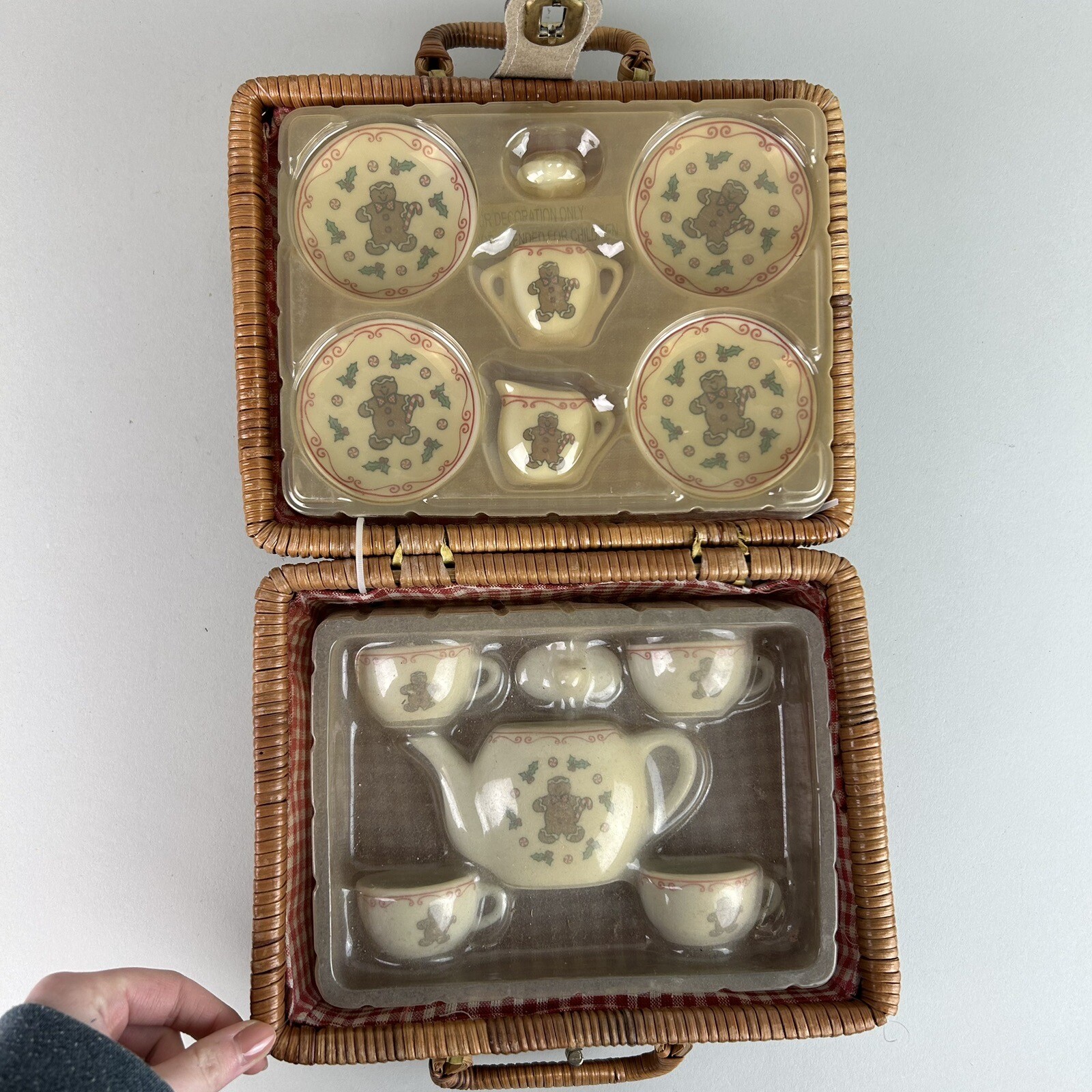Vintage Miniature Porcelain Gingerbread Picnic Tea Set & Wicker Basket