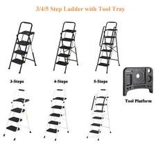 3/4/5 Step Ladder with Tool Platform Anti-Slip Sturdy & Wide Pedal Stool 330LBS
