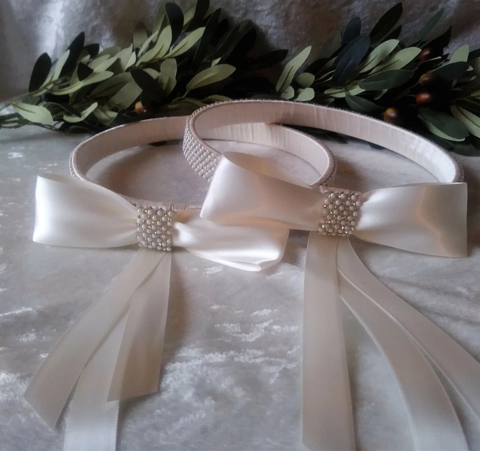 Conjunto de coronas de tiara Stephana de diamantes de imitación de perlas marfil de boda ortodoxa griega Foto 2 de 3