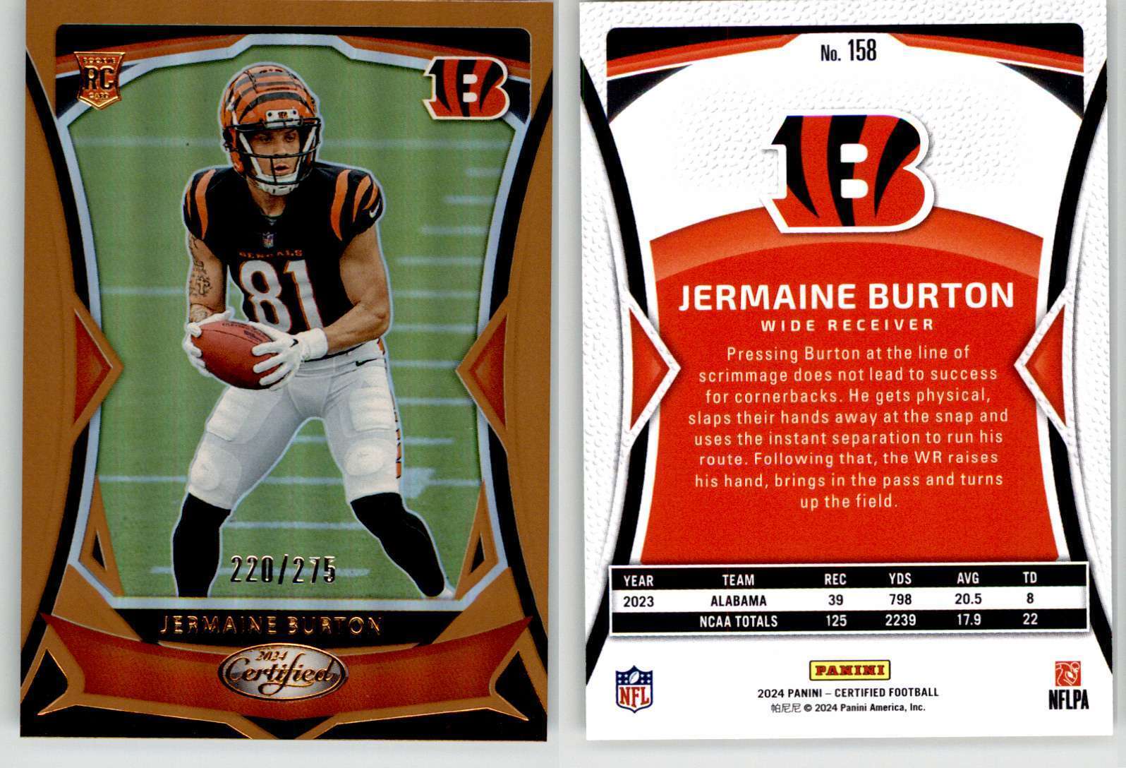 Jermaine Burton 2024 Certified Bronze Mirror #158 /275 Alabama Bengals RC Rookie