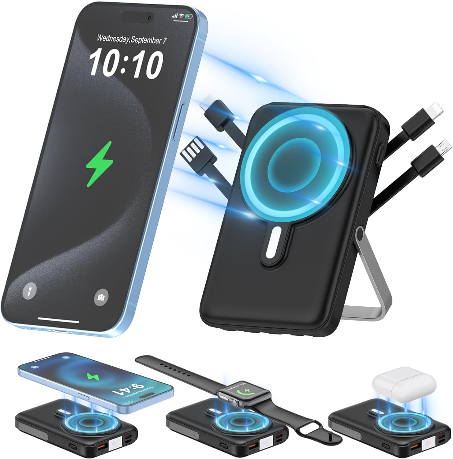 10000mAh 3-in-1 Wireless Magnetic Power Bank with C-Cable