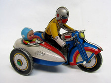 Vintage MS709 China Wind Up Tin Toy Motorcycle with Sidecar WORKS