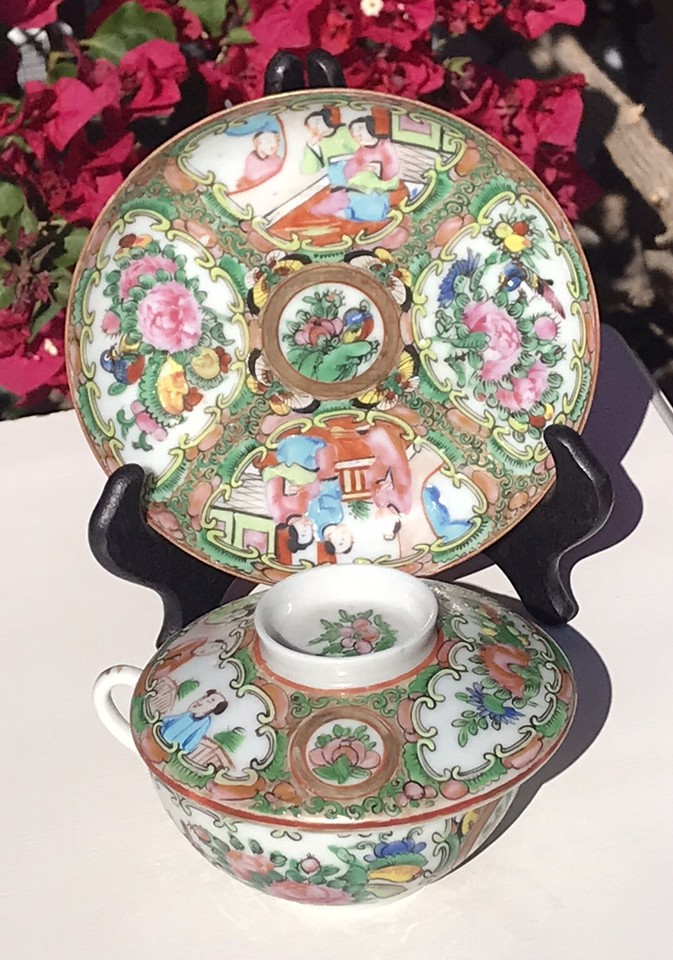 Antique Rose Medallion China Hand Painted Porcelain Cup And Saucer With