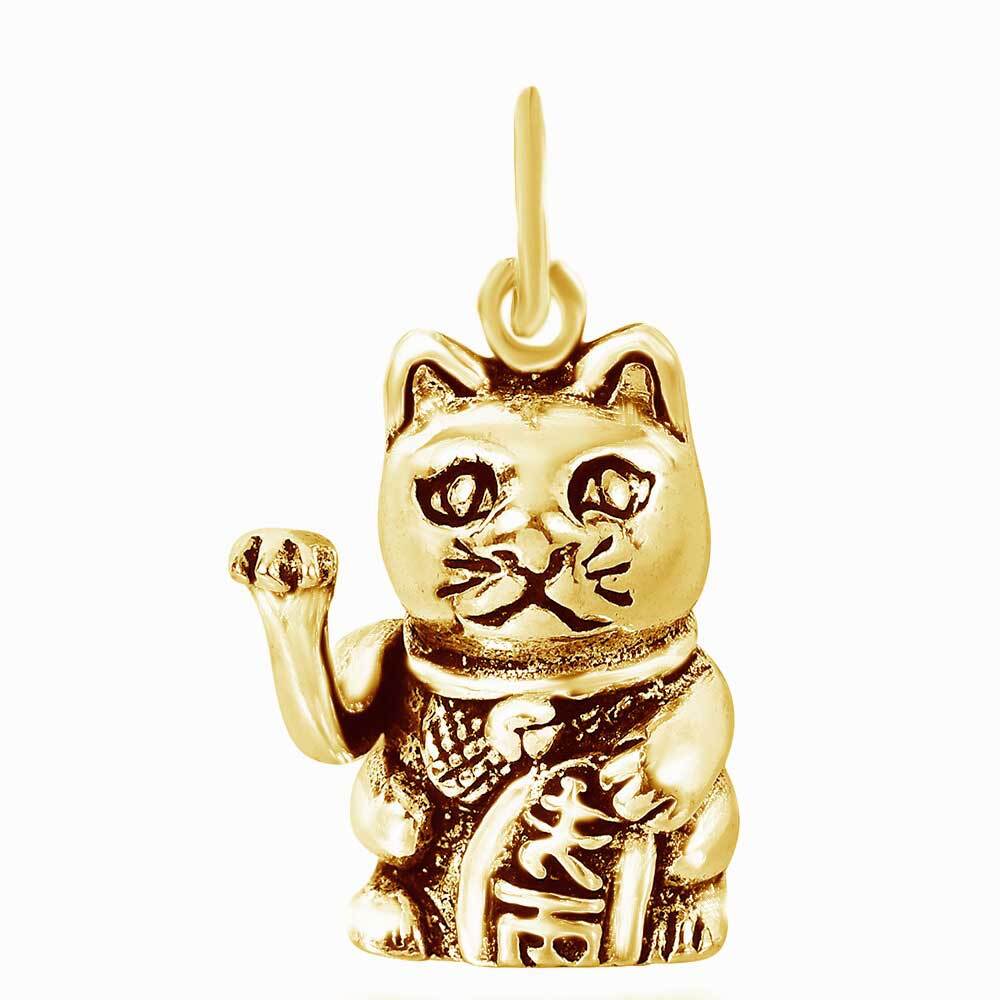 Fashion Maneki Neko Lucky Cat Pendant Necklace 14K Yellow Gold