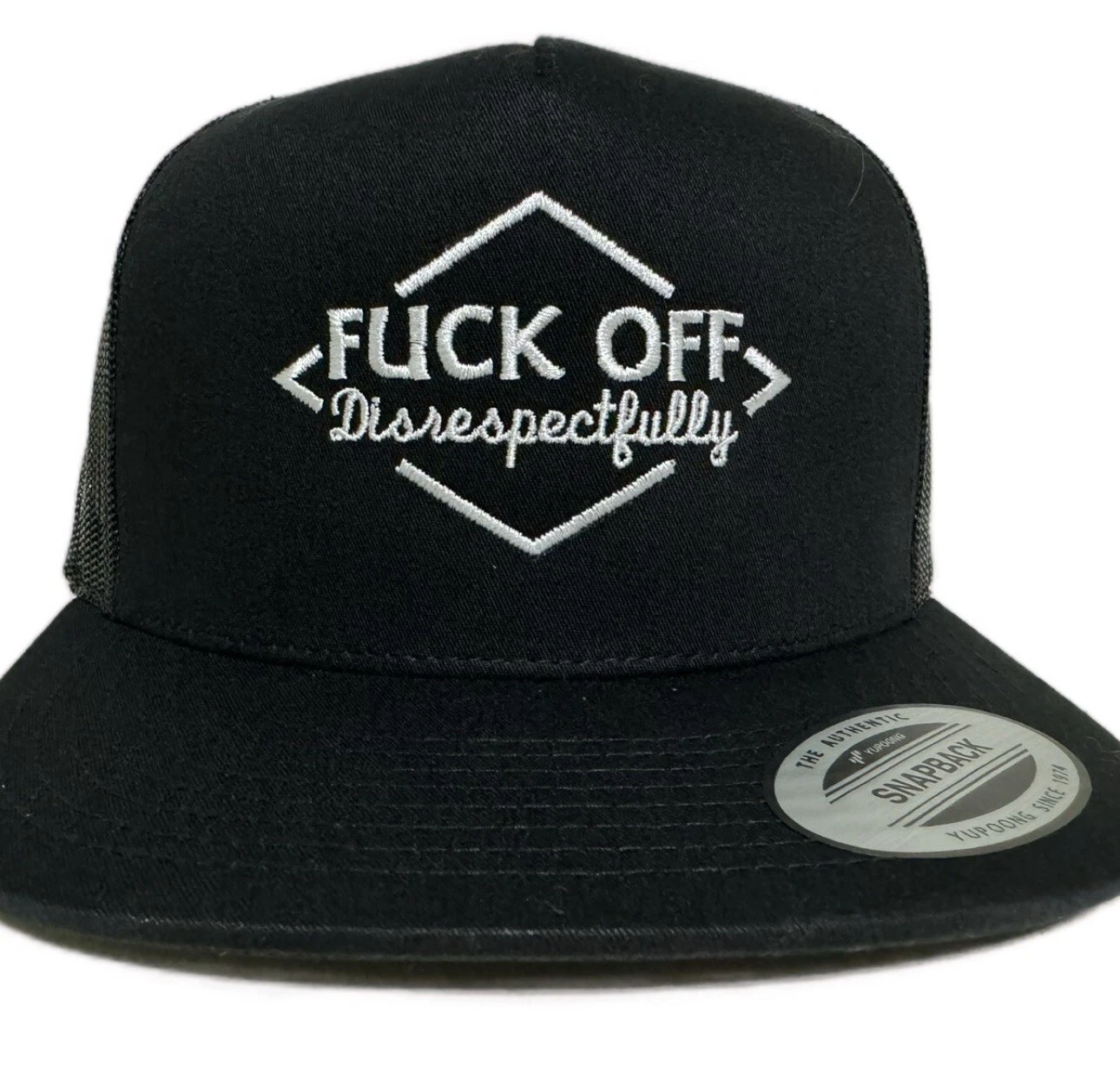 F Off Disrespectfully Direct Embroidered Flat Bill Mesh Backing Trucker Hat Cap