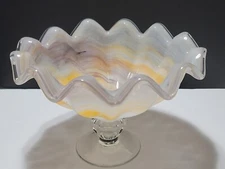 Large Hand Blown Glass Ruffled Edge Multi- Colored Fruit Bowl