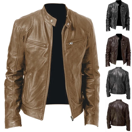 Men PU Leather Jacket Zip Coat Stand Collar Motorcycle Jackets Outwear Tops US - Picture 5 of 15