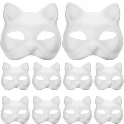10 Stück Weiße Katzenmaske Therian Cat Mask zum Bemalen für Halloween Kinder DIY - Bild 1 von 4
