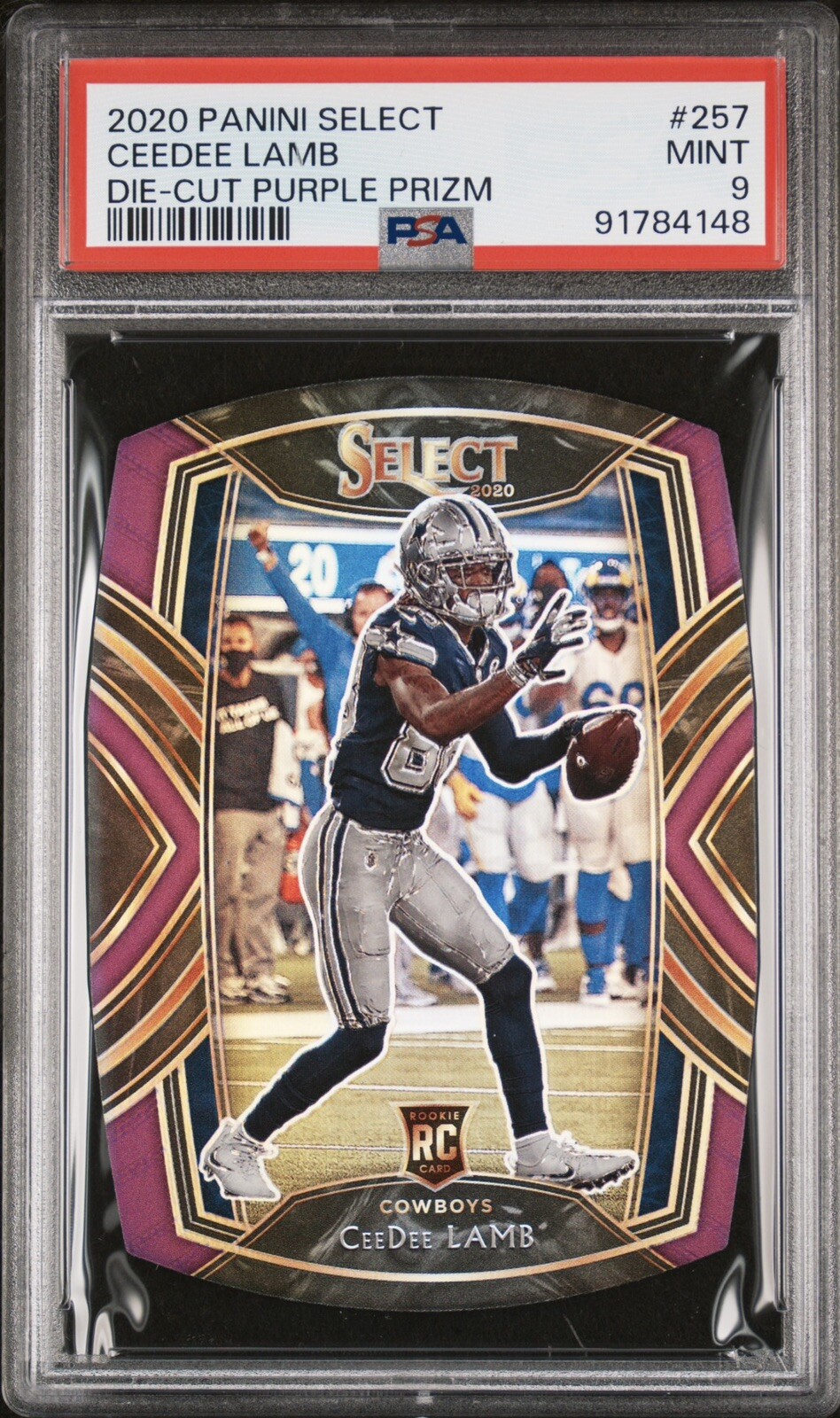 CEEDEE LAMB 2020 PANINI SELECT #257 DIE-CUT PURPLE PRIZM ROOKIE CARD PSA 9