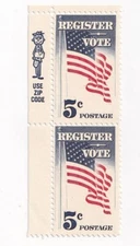 STAMP US SCOTT 1249 "Register Vote" 5 CENT 1964 MNH VERT PAIR WITH ZIP CODE