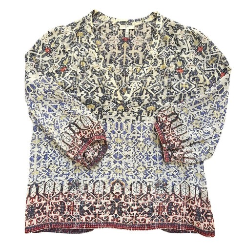 Joie Silk Boho Peasant Blouse Geometric Tribal Print Navy Red Cream XS