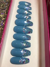 Cyan Blue Matte Press On Nails | Sparkle Tip Glue On Fake Fingernails Turquoise