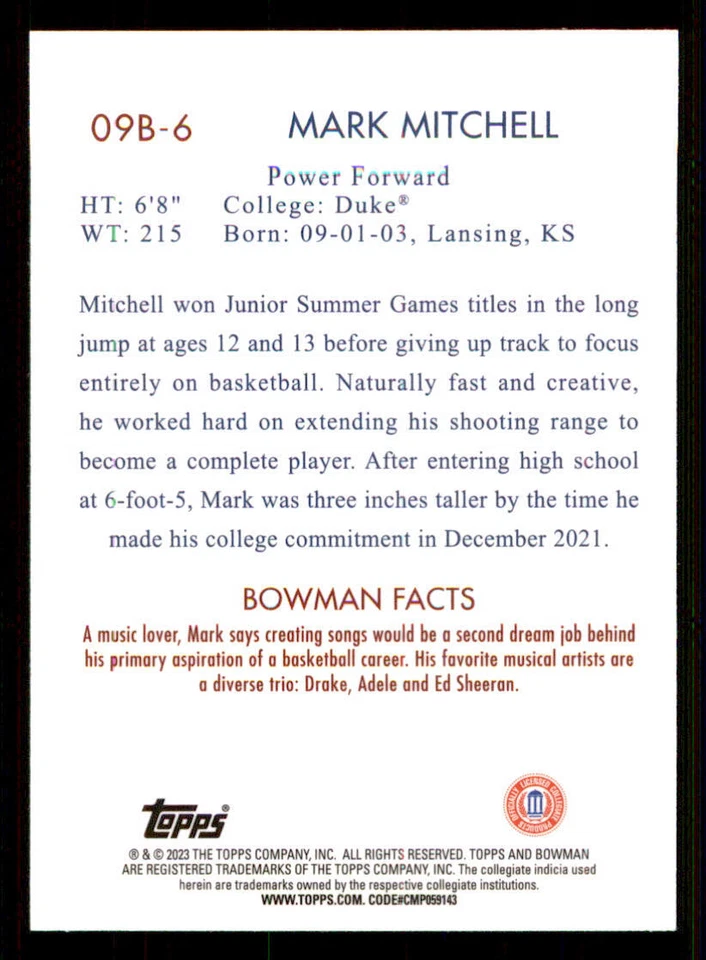 2022-23 Bowman Chrome University '09 Bowman #09B6 Mark Mitchell - Image 2 of 2