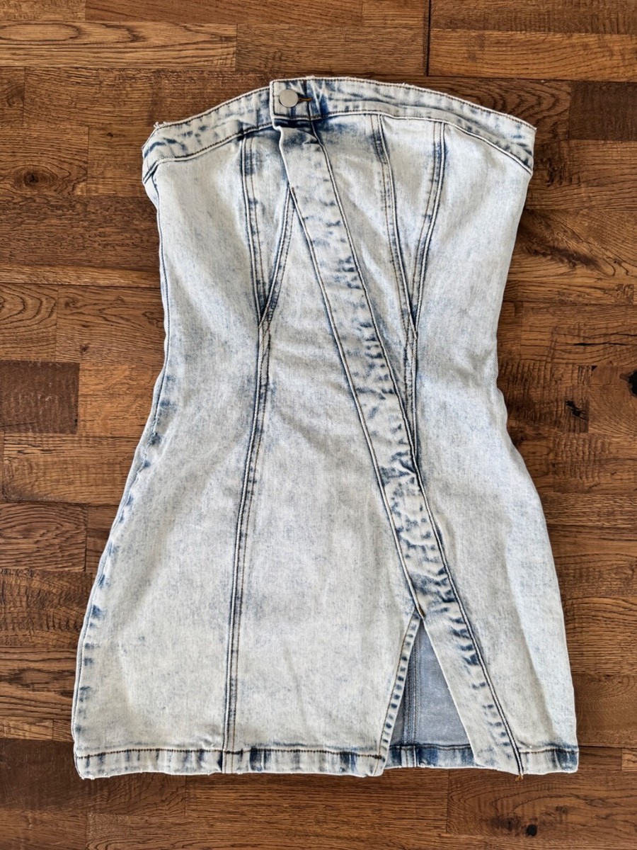 Showpo Erline Mini Dress Asymmetric Strapless Denim Acid Blue Wash Size