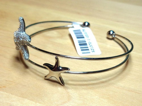 BEACH FASHION SILVER TONE RHODIUM STARFISH AND SPARKLING WHITE CZ CUFF BRACELET - Picture 3 of 6