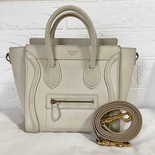 CELINE Luggage Nano Shopper 2WAY Handbag White Leather Old Logo USED #HC