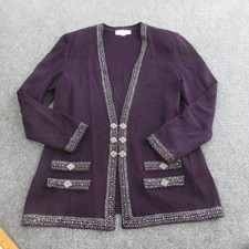 St John Evening Sweater Jacket Womens 12 Purple Beaded Trim Open Front Knit