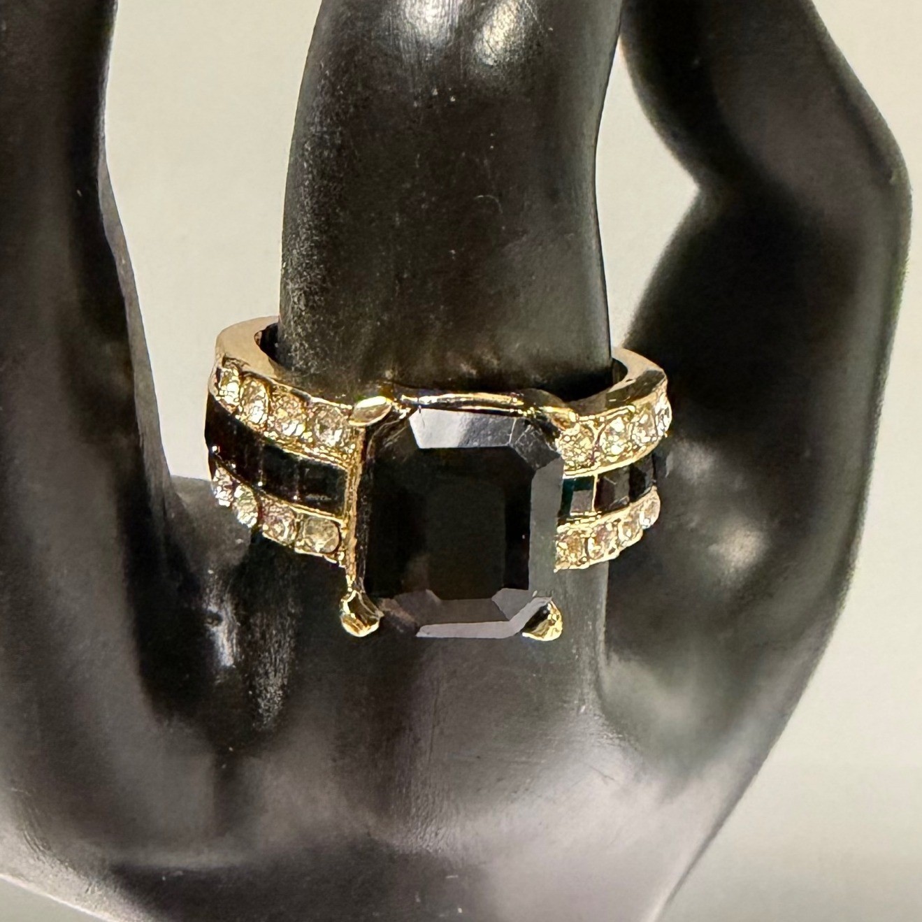 Gold Tone Statement Ring Large Black Emerald Cut … - image 1