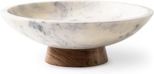 Cork  Mill Marble Decorative Bowl 11" w/ Acacia Wood Pedestal Home Decor Center
