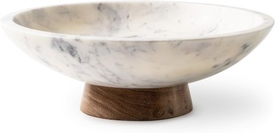 Cork & Mill Marble Decorative Bowl 11'' w/ Acacia Wood Pedestal Home Decor Center