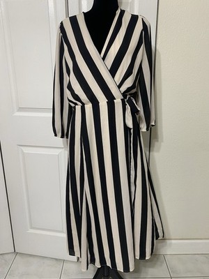 NWT NY & Co Eva Mendes Women's Dress Striped Black and Cream Wrap Size Medium